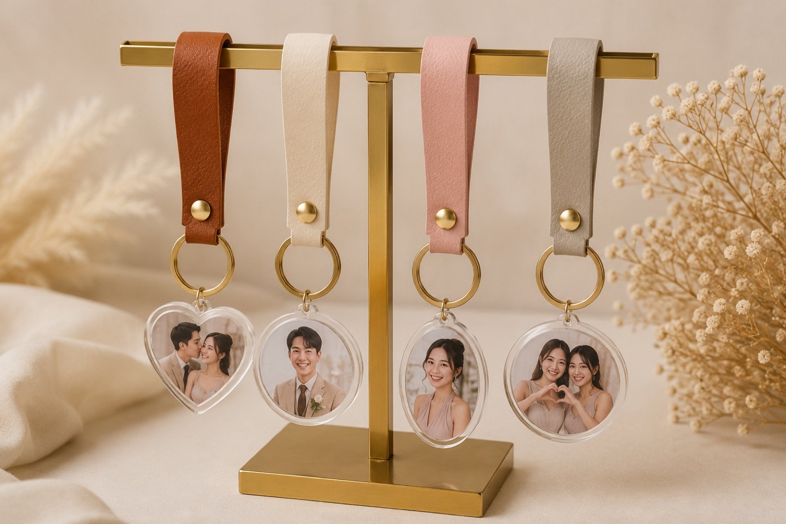 Personalised acrylic photo keychain souvenirs on a gold stand